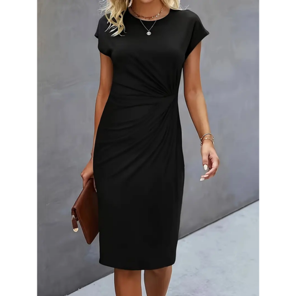 Short Sleeve Formal Dress Women Midi Elegant Professional Style 0
