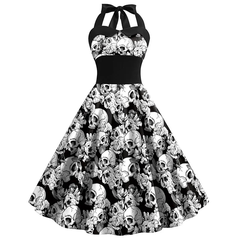 Skull Print Midi Dress Women Sleeveless Chic Halloween Costume 0