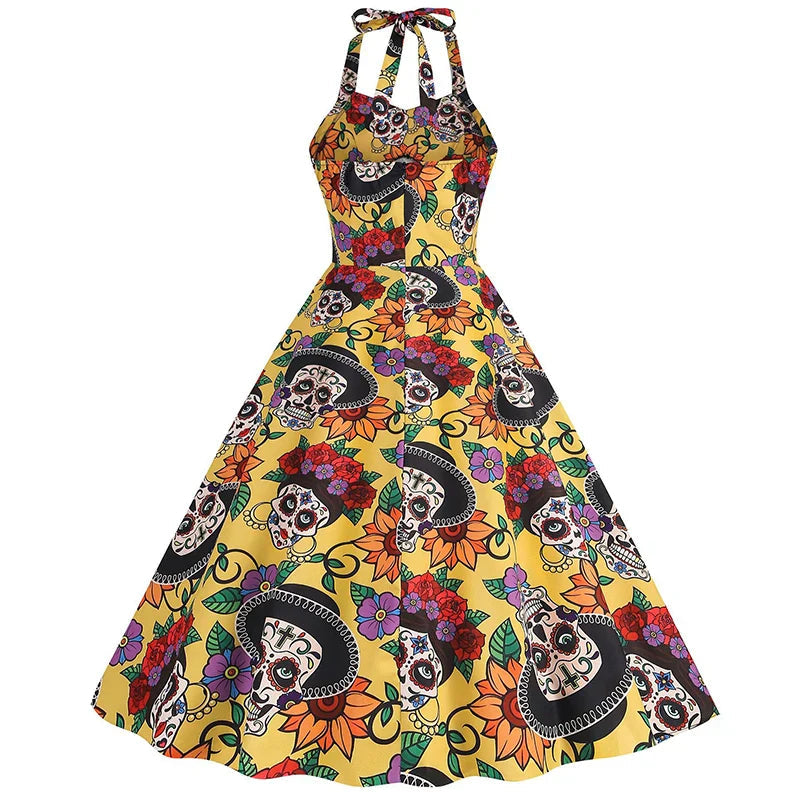 Skull Print Midi Dress Women Sleeveless Chic Halloween Costume 2