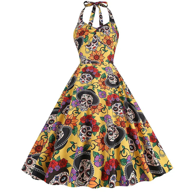 Skull Print Midi Dress Women Sleeveless Chic Halloween Costume 3