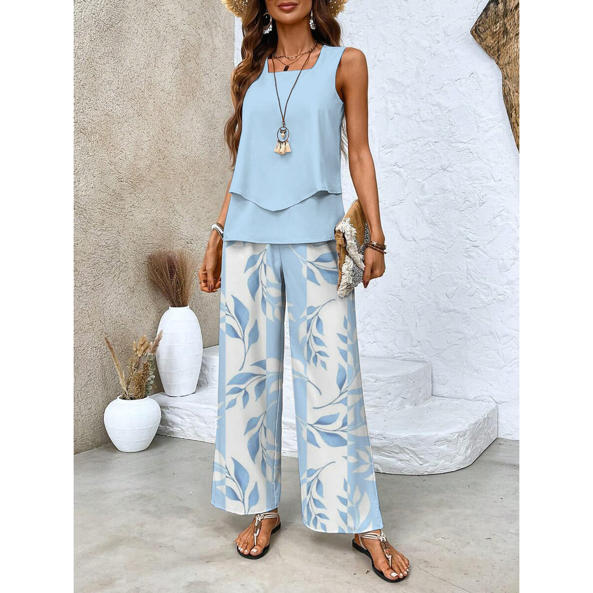 Sleeveless Top and Straight-Leg Pants Set Women Chic Elegant Style 0