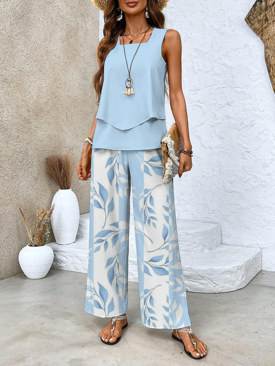Sleeveless Top and Straight-Leg Pants Set Women Chic Elegant Style 0