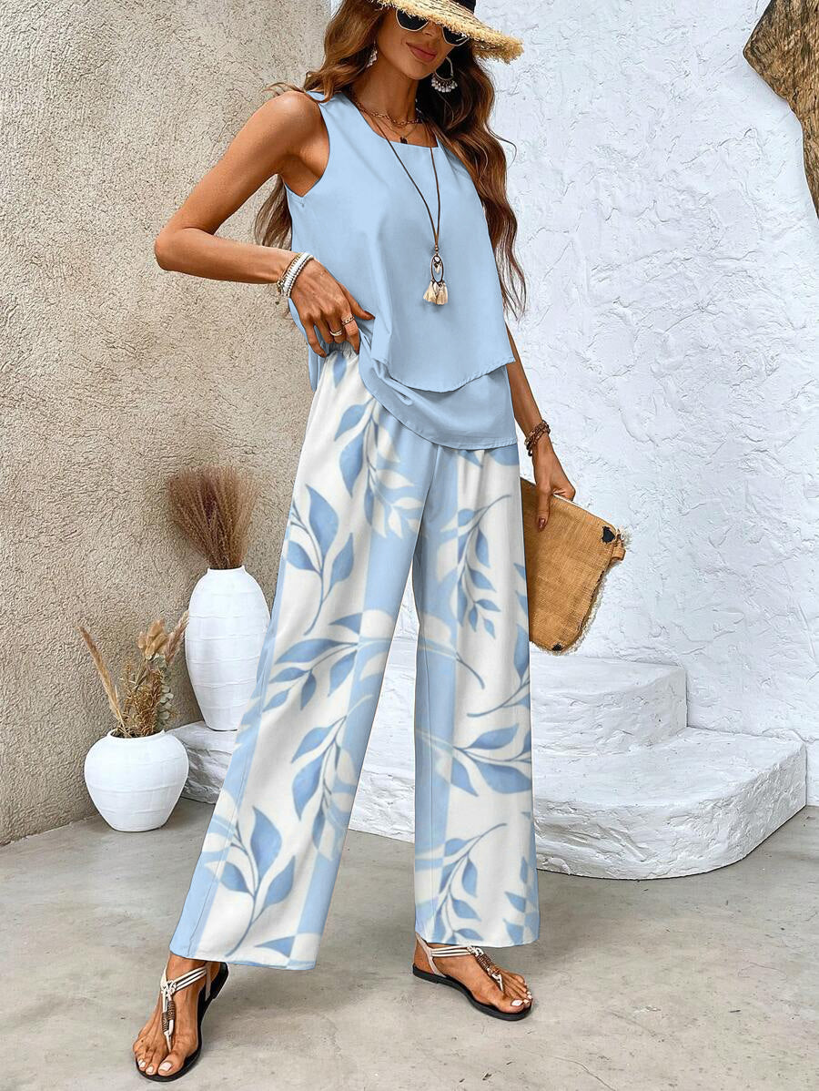 Sleeveless Top and Straight-Leg Pants Set Women Chic Elegant Style 1
