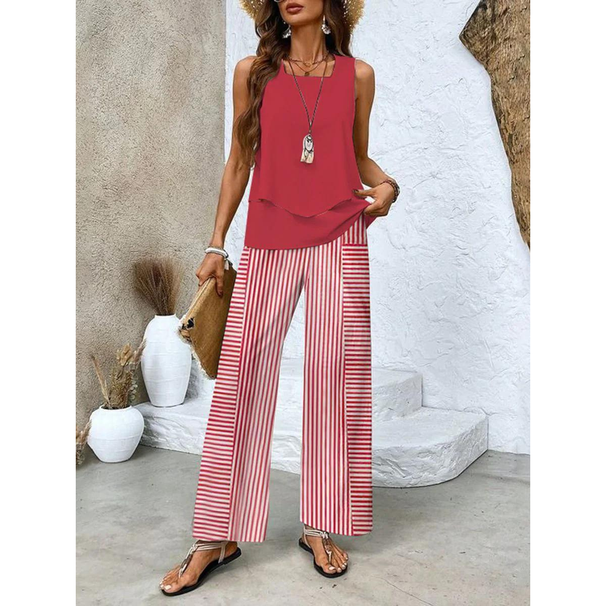 Sleeveless Top and Straight-Leg Pants Set Women Chic Elegant Style 3