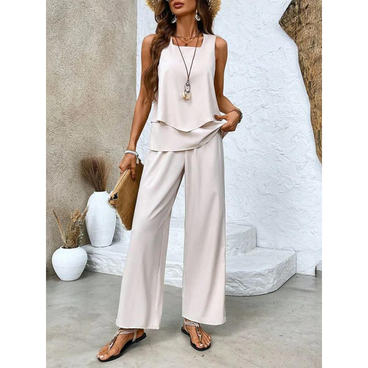 Sleeveless Top and Straight-Leg Pants Set Women Chic Elegant Style 4
