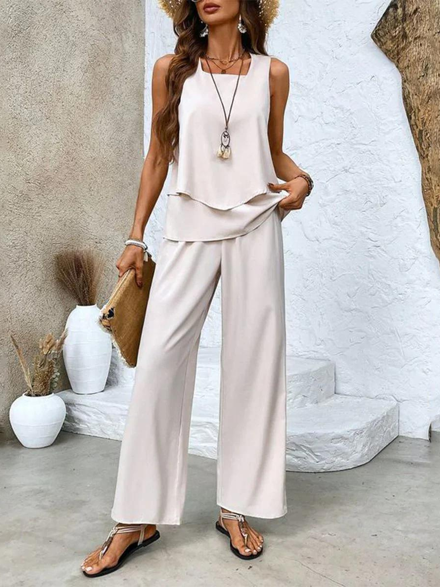 Sleeveless Top and Straight-Leg Pants Set Women Chic Elegant Style 4