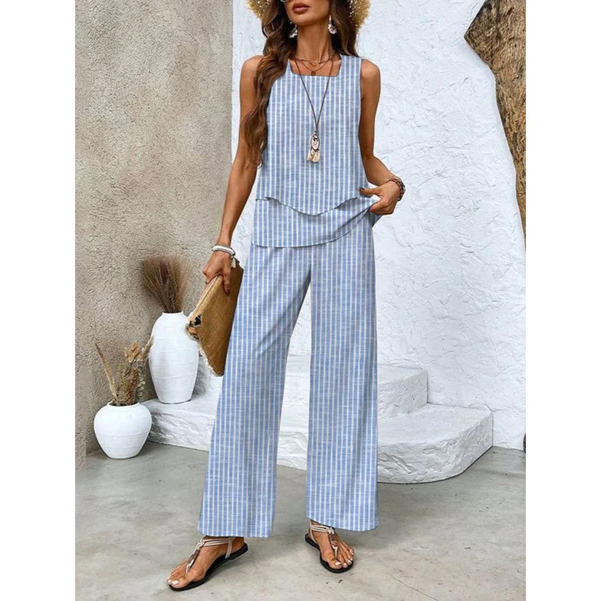 Sleeveless Top and Straight-Leg Pants Set Women Chic Elegant Style 5