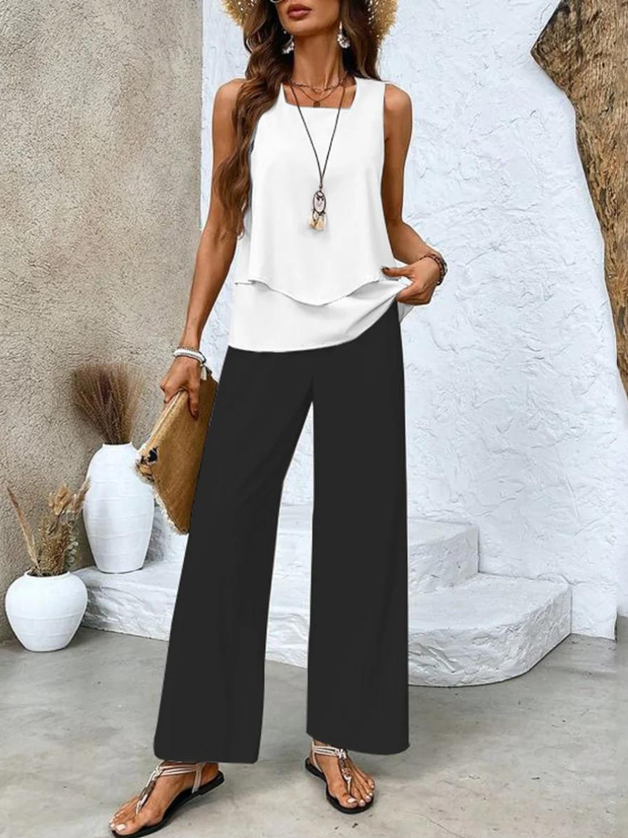 Sleeveless Top and Straight-Leg Pants Set Women Chic Elegant Style 6