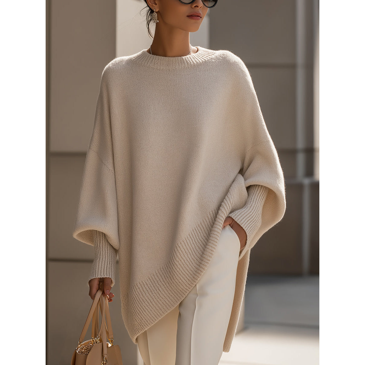 SoftWeave Pullover Elegant Longline Fit Minimalist Design Casual Chic 0