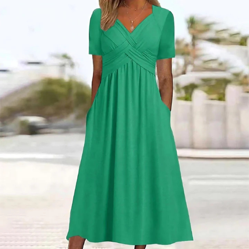 Soft A-Line Dress with V-Neck for Women | Midi Elegant Style 0