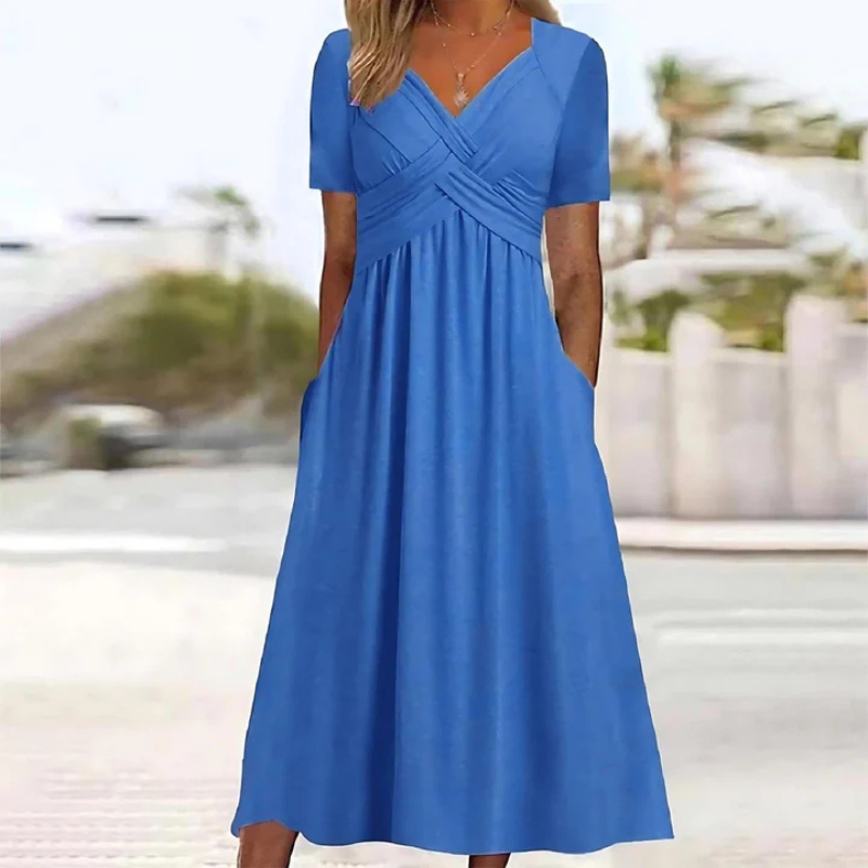 Soft A-Line Dress with V-Neck for Women | Midi Elegant Style 1