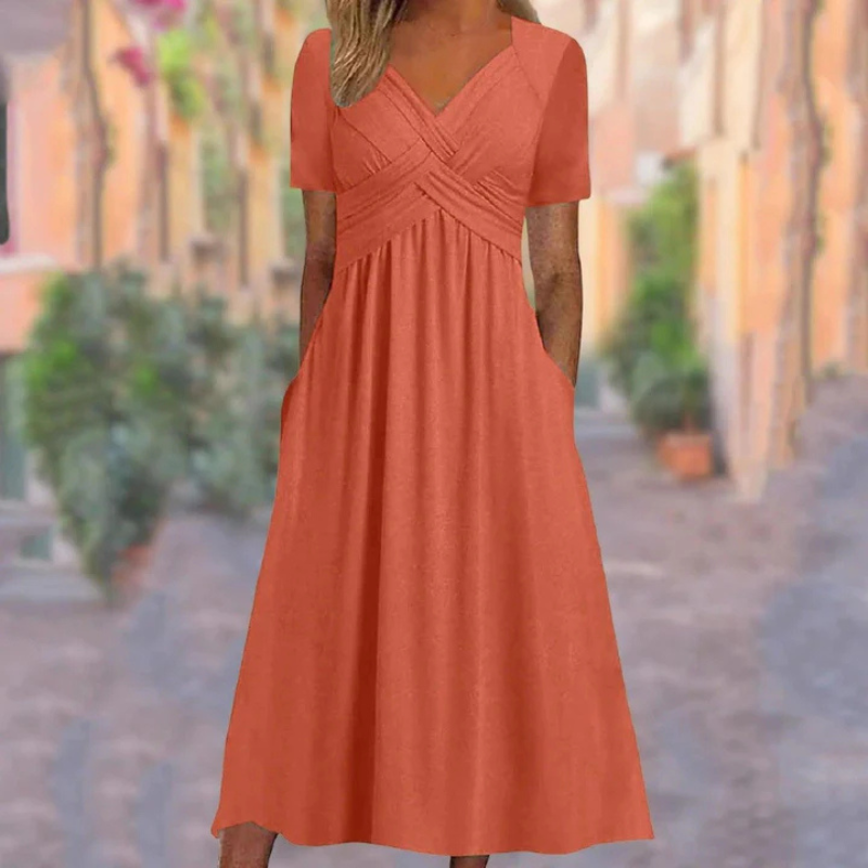 Soft A-Line Dress with V-Neck for Women | Midi Elegant Style 2