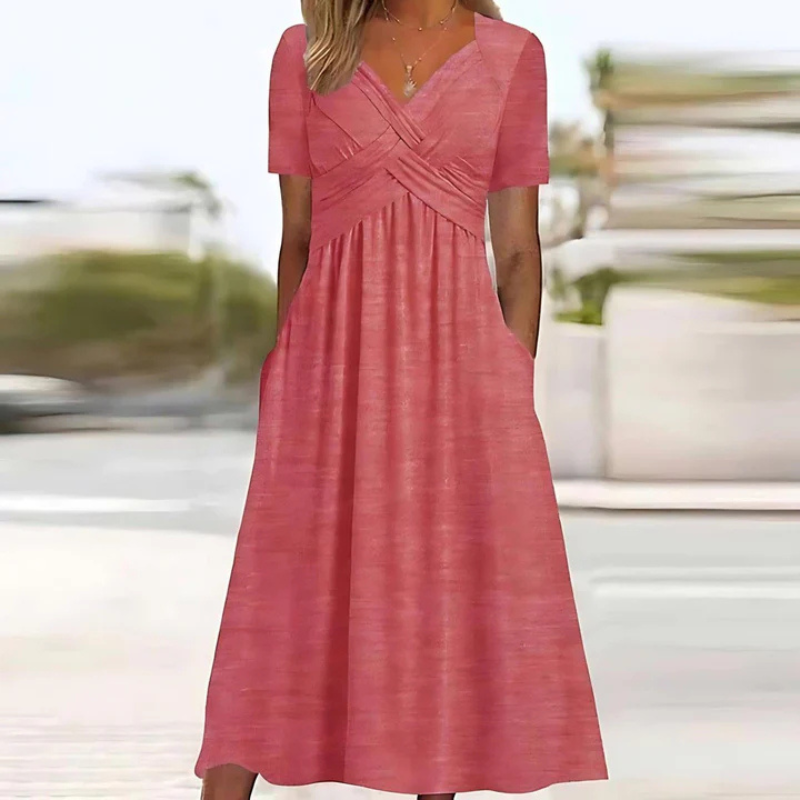 Soft A-Line Dress with V-Neck for Women | Midi Elegant Style 4