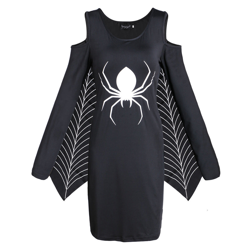 Spider Print Mini Dress Women Long Sleeve Halloween Costume 0