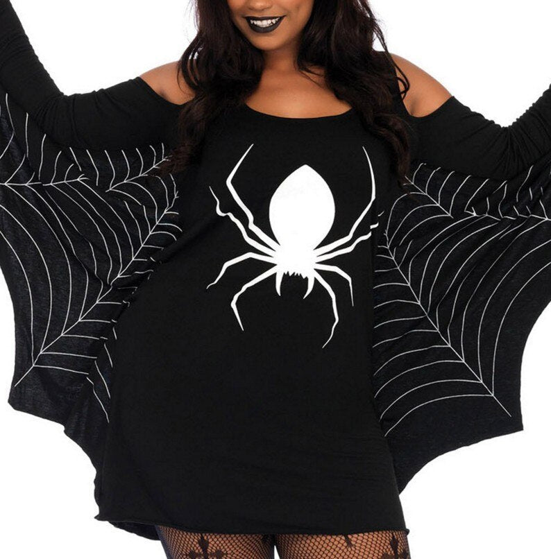Spider Print Mini Dress Women Long Sleeve Halloween Costume 1