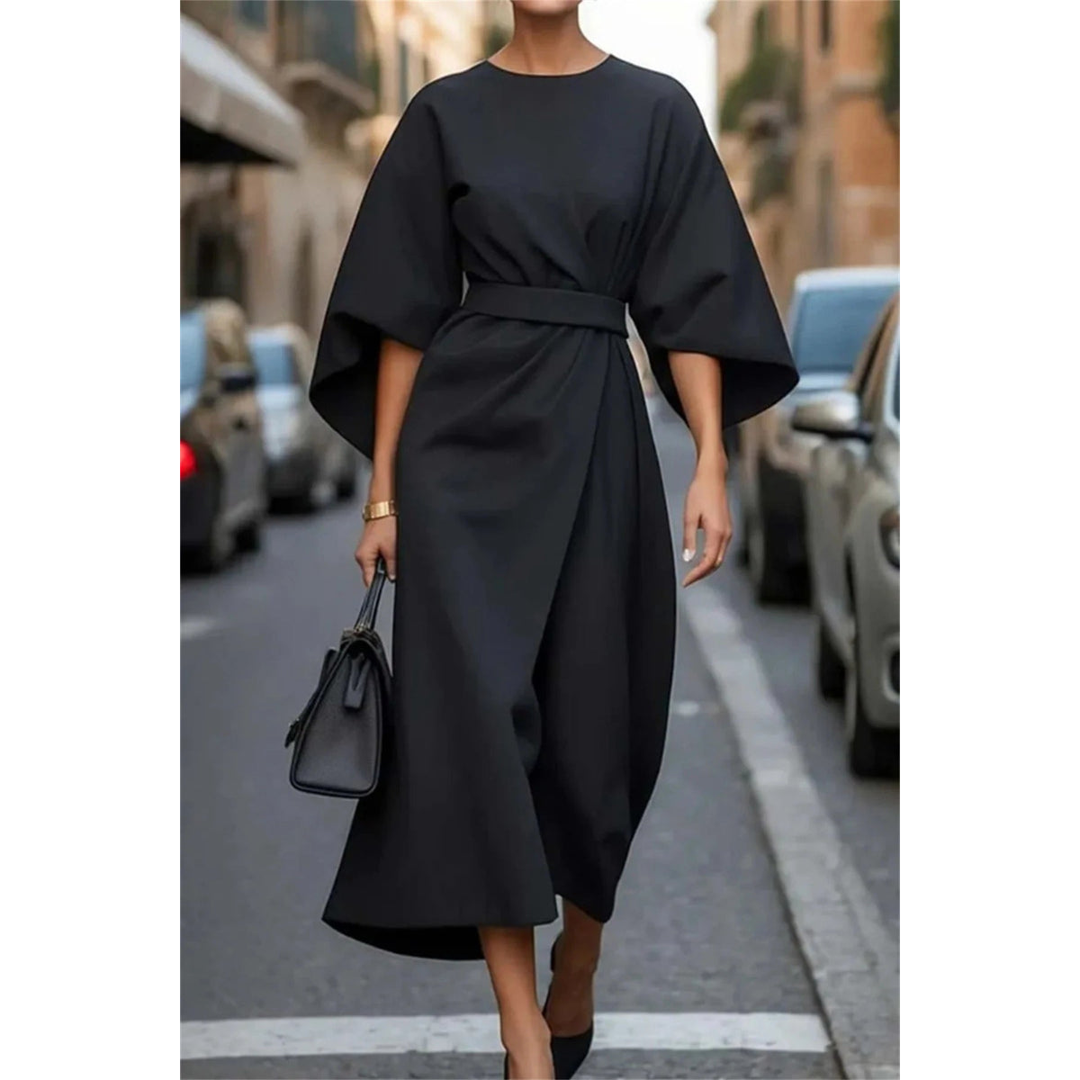 Structured A-Line Midi Dress Women Belted Waist Bell Sleeve Elegant 0