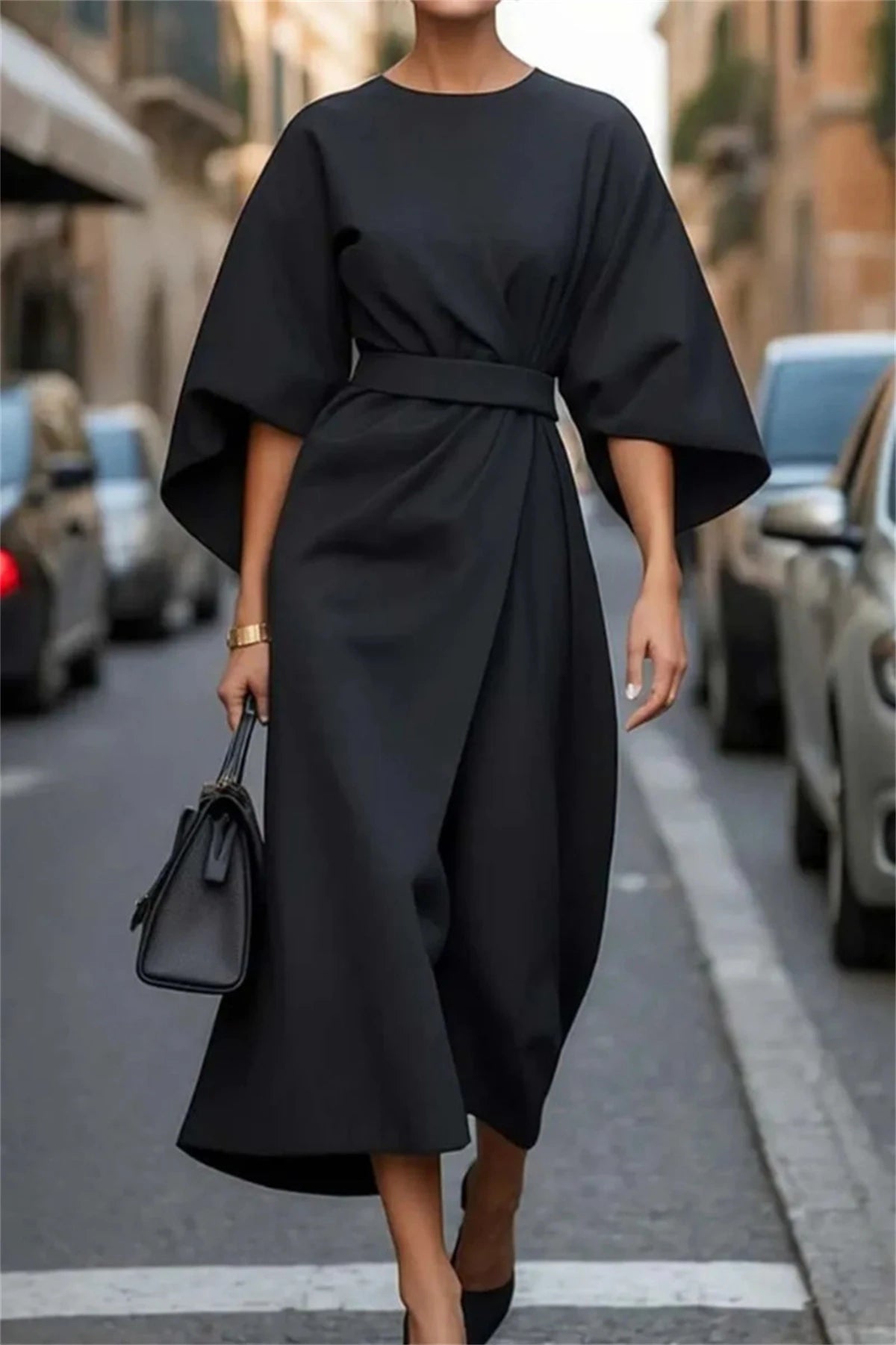 Structured A-Line Midi Dress Women Belted Waist Bell Sleeve Elegant 0