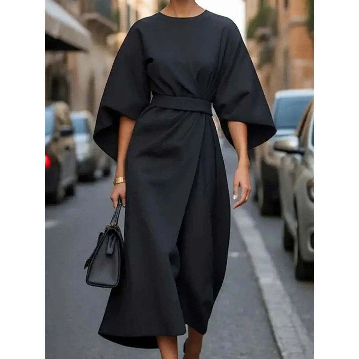 Structured A-Line Midi Dress Women Belted Waist Bell Sleeve Elegant 1