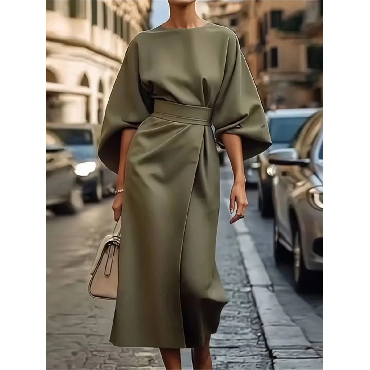 Structured A-Line Midi Dress Women Belted Waist Bell Sleeve Elegant 2