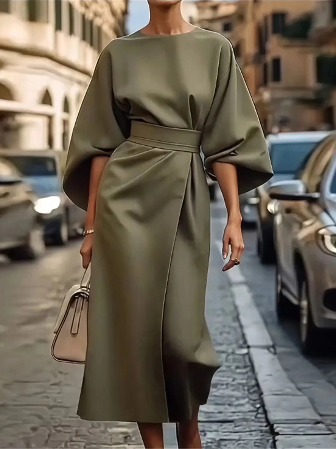 Structured A-Line Midi Dress Women Belted Waist Bell Sleeve Elegant 2