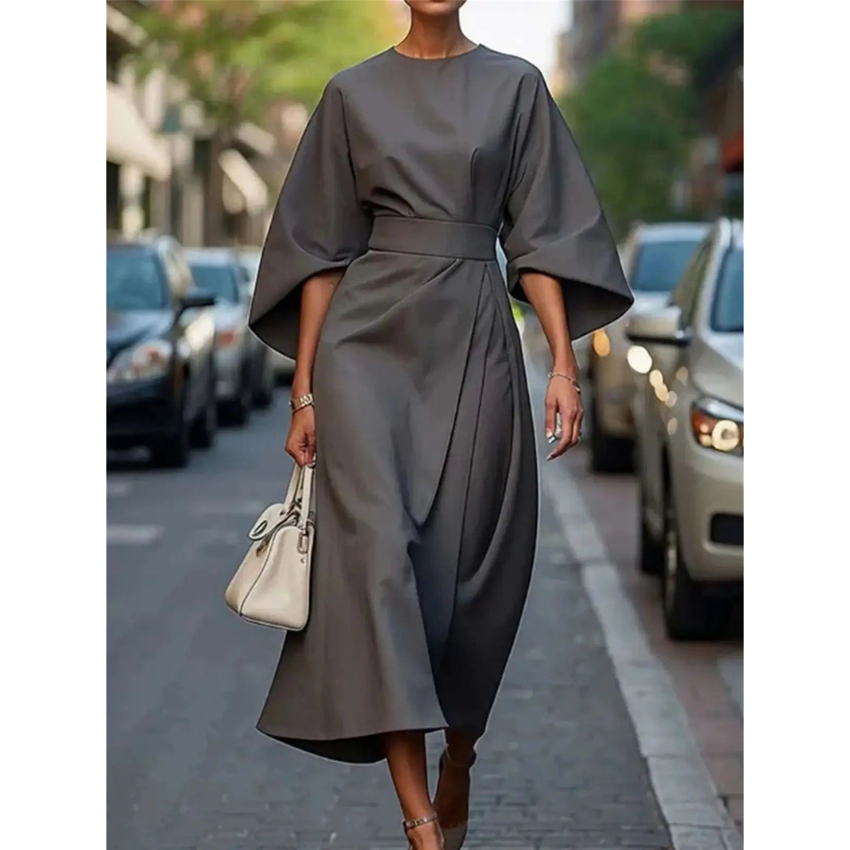 Structured A-Line Midi Dress Women Belted Waist Bell Sleeve Elegant 4