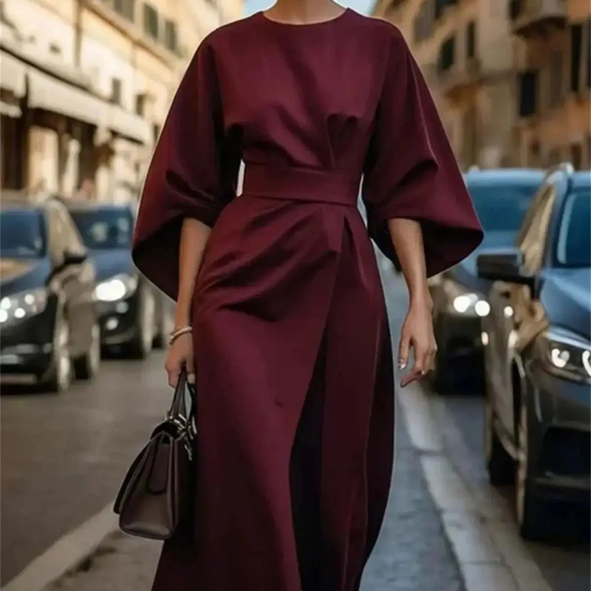 Structured A-Line Midi Dress Women Belted Waist Bell Sleeve Elegant 6