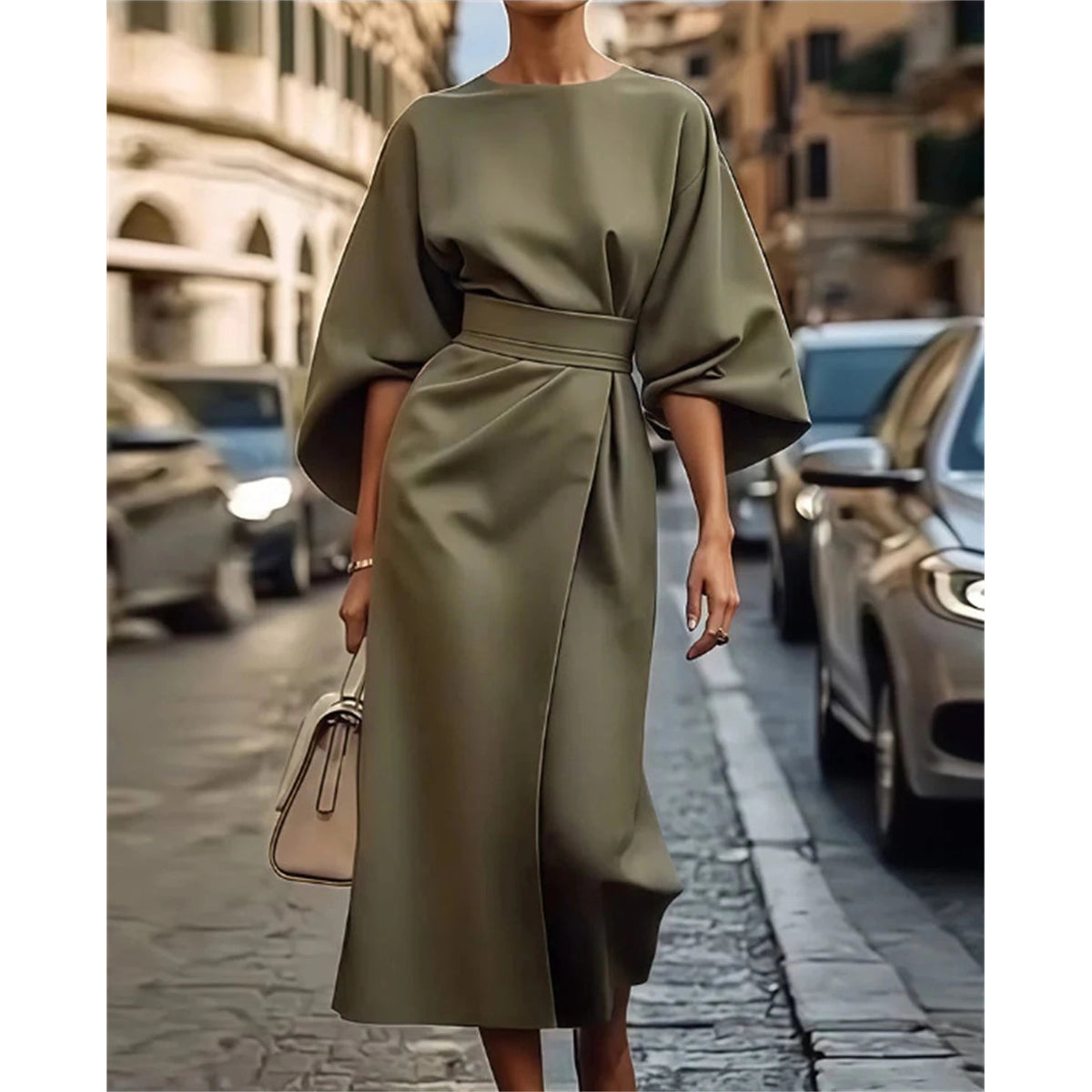 Structured A-Line Midi Dress Women Belted Waist Bell Sleeve Elegant 8