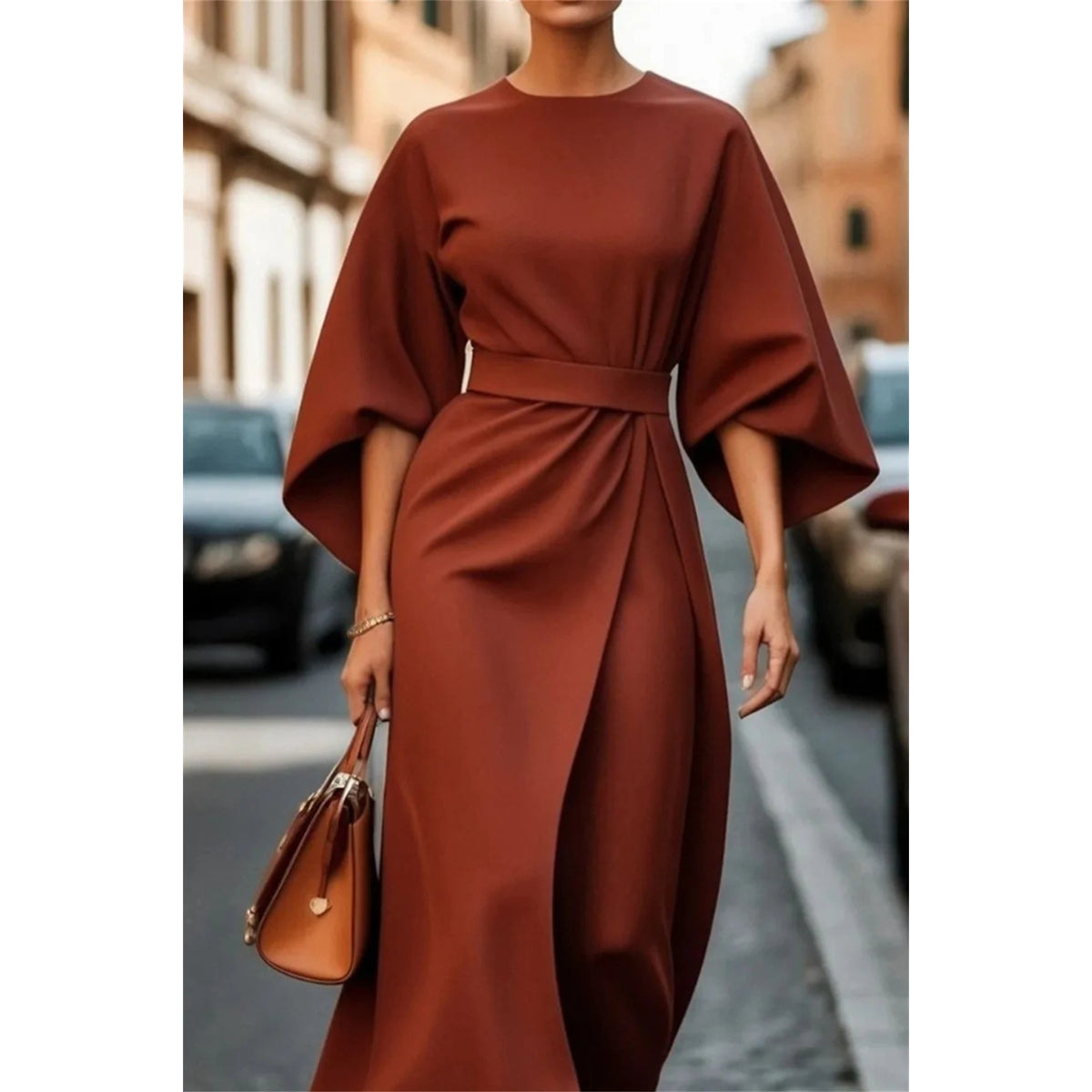 Structured A-Line Midi Dress Women Belted Waist Bell Sleeve Elegant 9