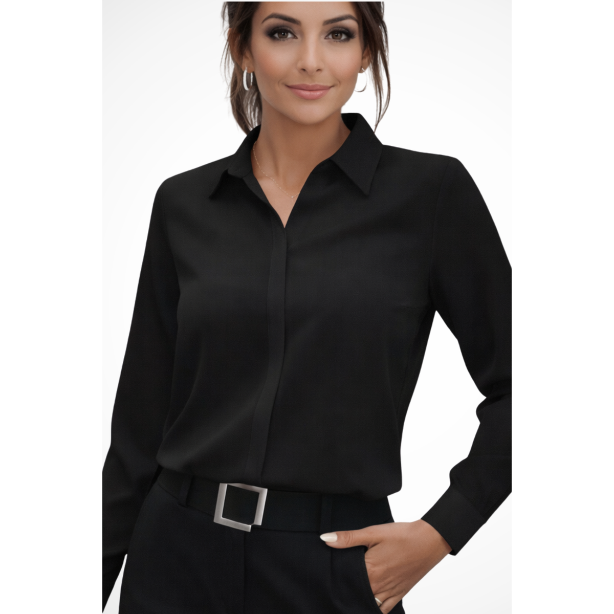 Tailored Long Sleeve Blouse Women Collared Minimalist Design Casual Chic 2