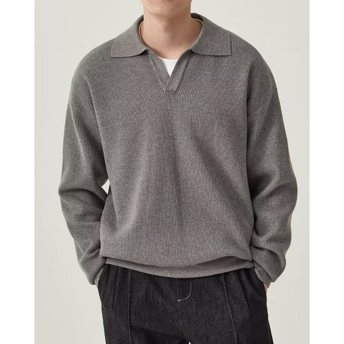 Textured Knit Polo Sweater Classic Style Everyday Comfort Casual 4
