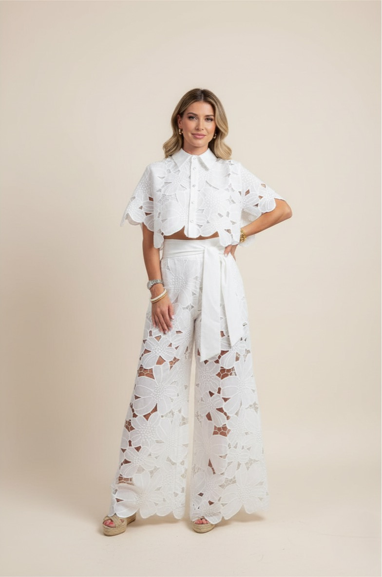 Two-Piece Set Women's Floral Embroidery Cut Out Summer Chic 0