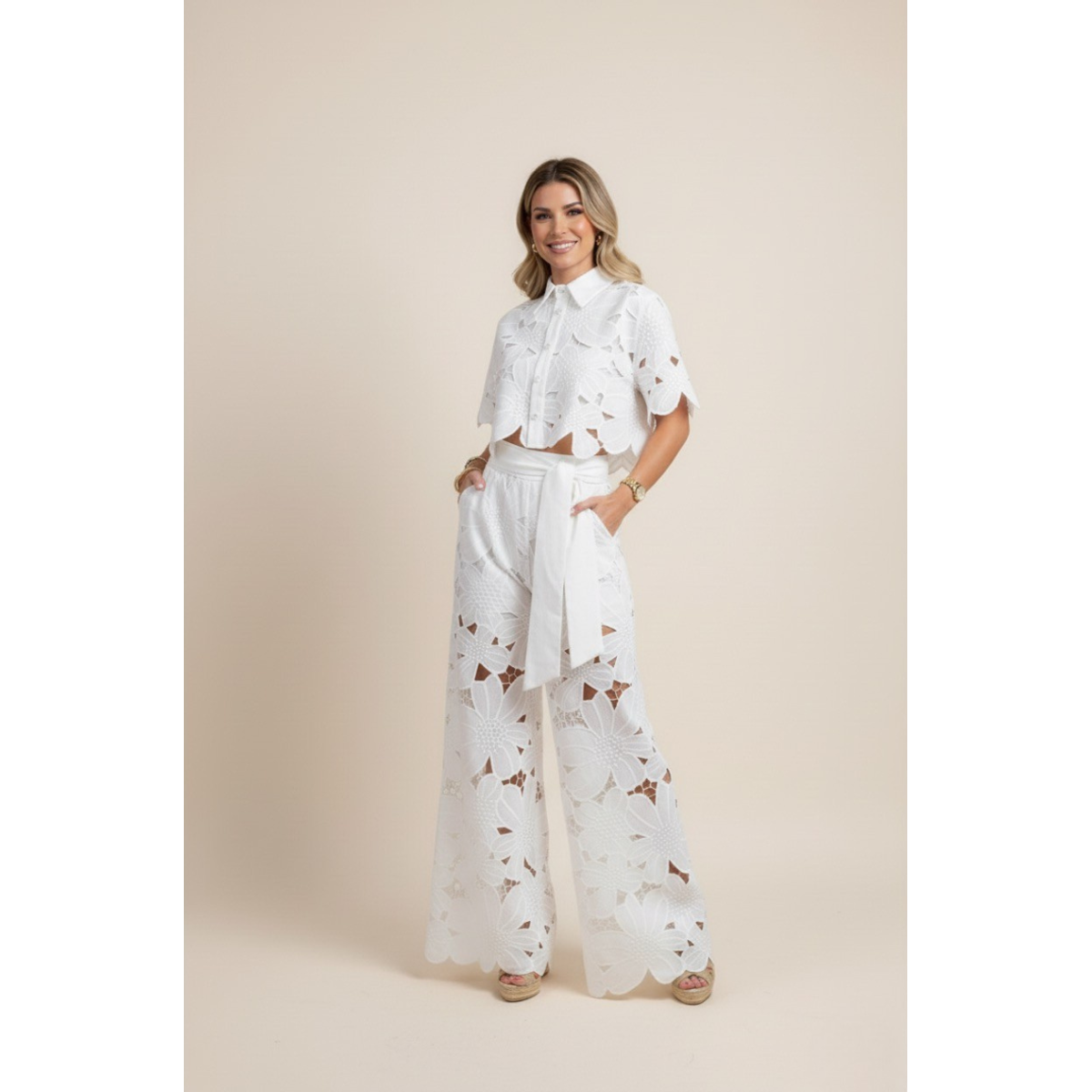 Two-Piece Set Women's Floral Embroidery Cut Out Summer Chic 1