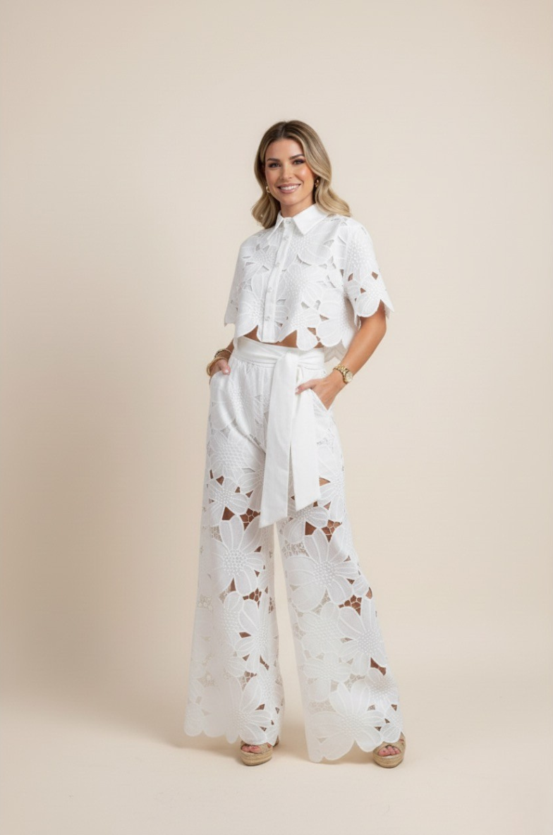 Two-Piece Set Women's Floral Embroidery Cut Out Summer Chic 1