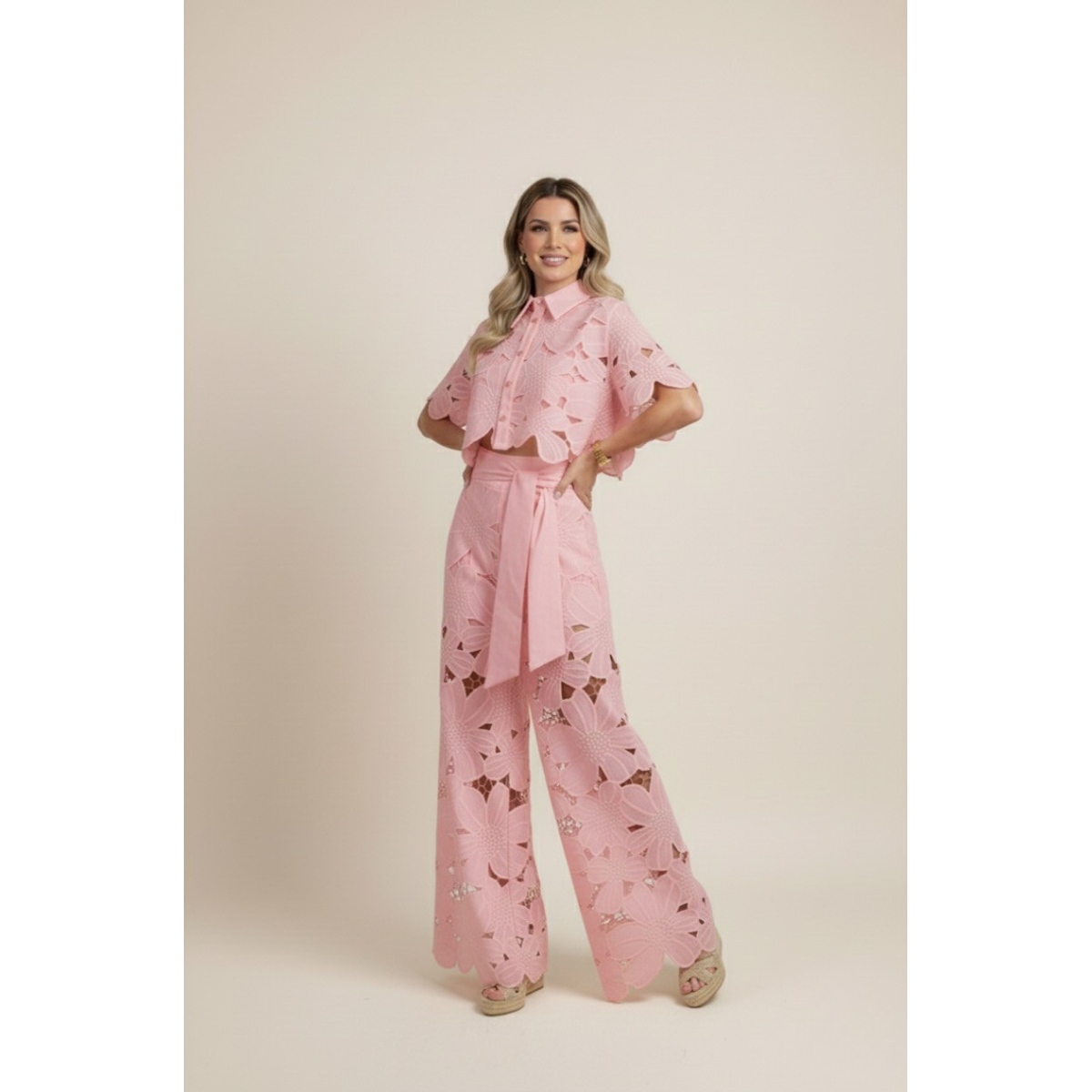 Two-Piece Set Women's Floral Embroidery Cut Out Summer Chic 4