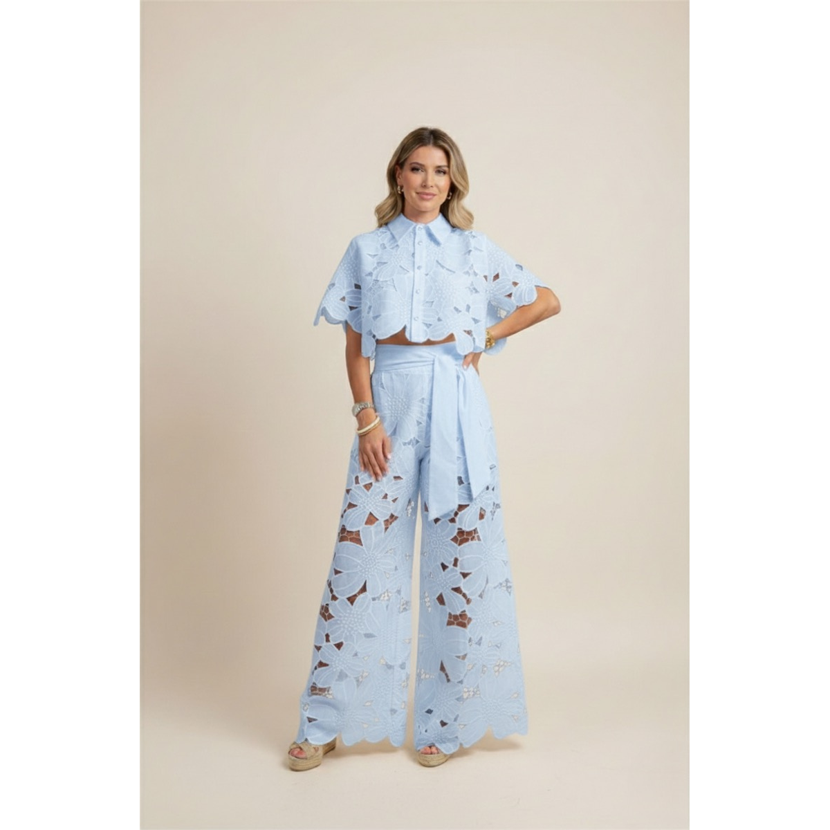 Two-Piece Set Women's Floral Embroidery Cut Out Summer Chic 6