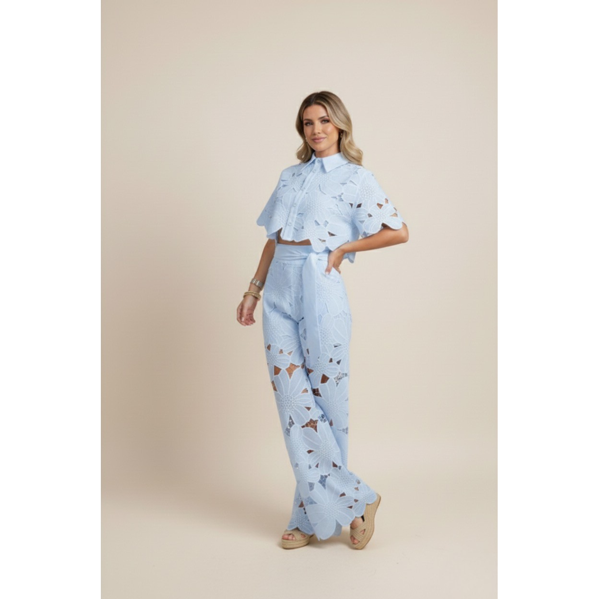 Two-Piece Set Women's Floral Embroidery Cut Out Summer Chic 8