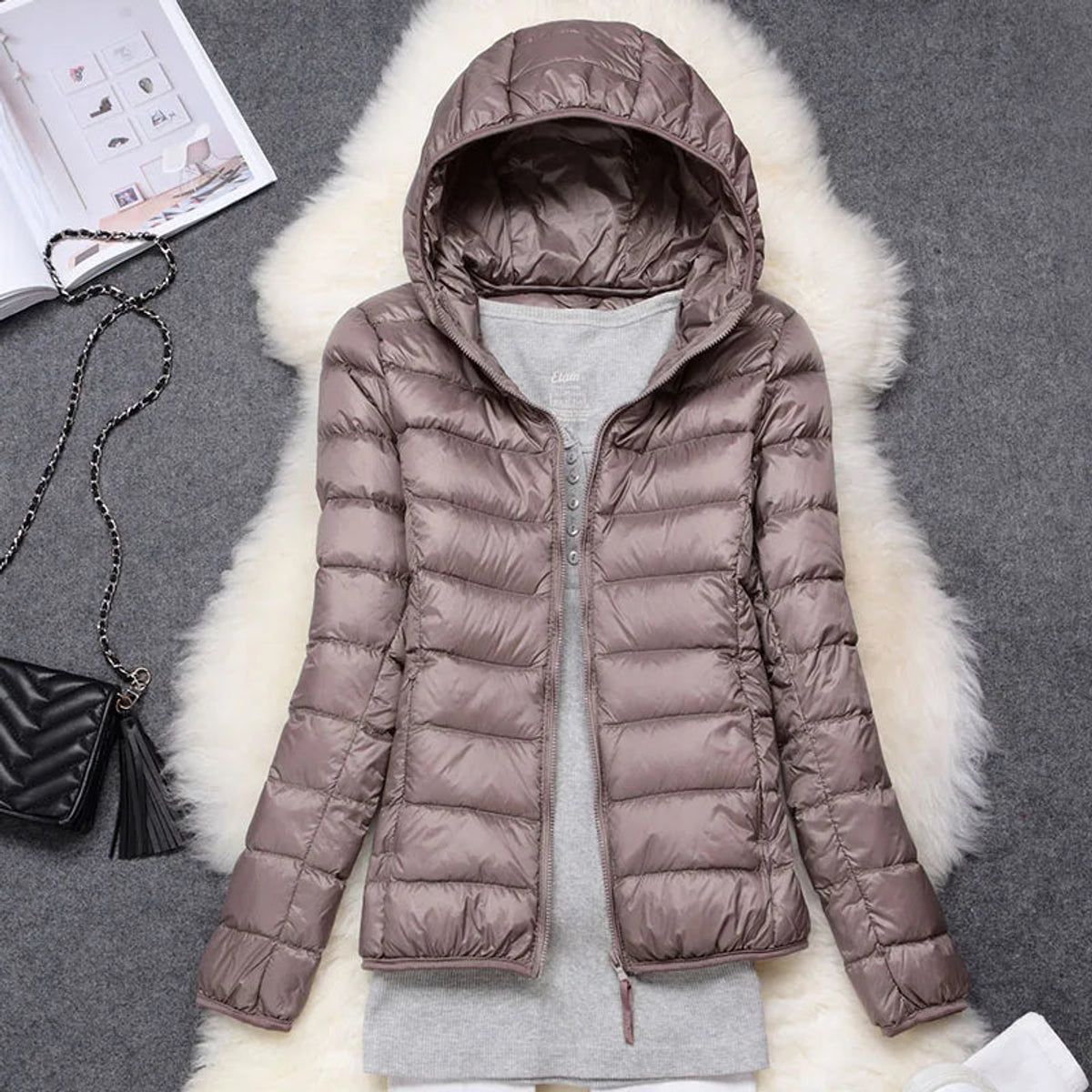 Ultra-Light Down Jacket Women Taupe Foldable Hooded Winter Coat 0