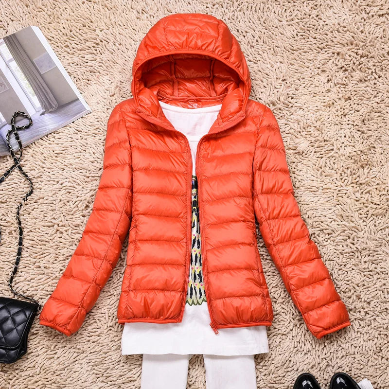 Ultra-Light Down Jacket Women Taupe Foldable Hooded Winter Coat 11