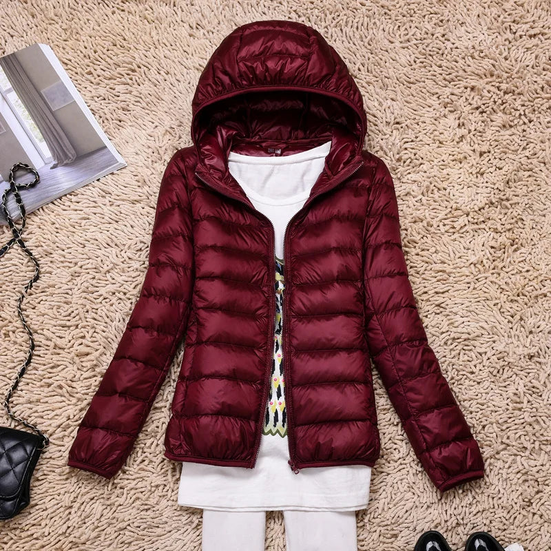 Ultra-Light Down Jacket Women Taupe Foldable Hooded Winter Coat 14