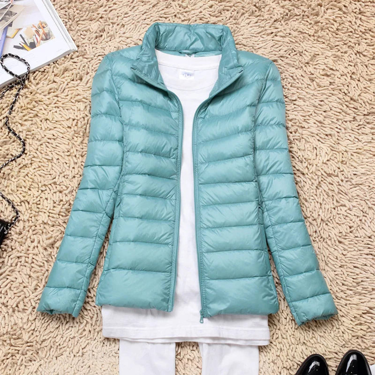 Ultra-Light Down Jacket Women Taupe Foldable Hooded Winter Coat 15