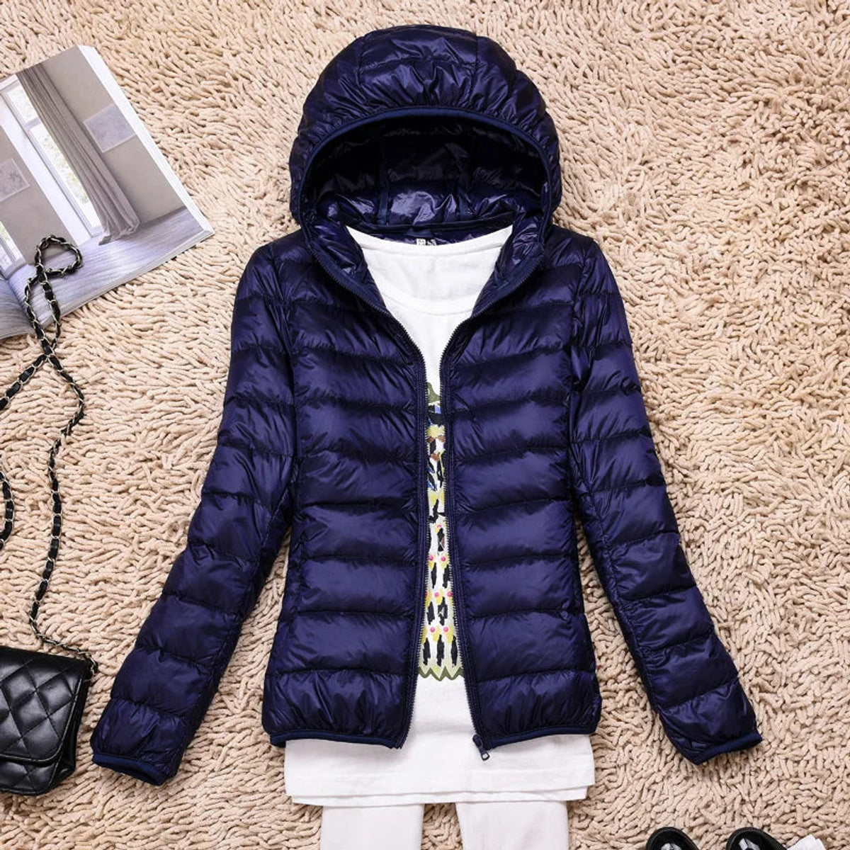 Ultra-Light Down Jacket Women Taupe Foldable Hooded Winter Coat 17