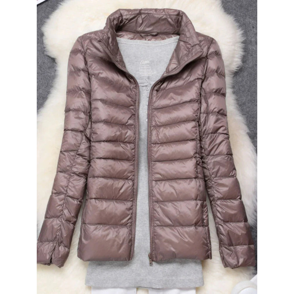 Ultra-Light Down Jacket Women Taupe Foldable Hooded Winter Coat 6