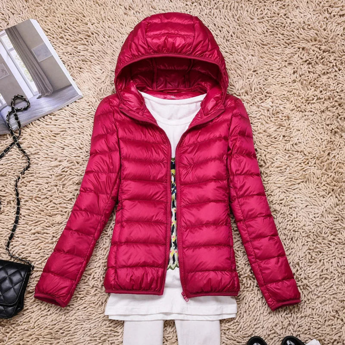 Ultra-Light Down Jacket Women Taupe Foldable Hooded Winter Coat 8