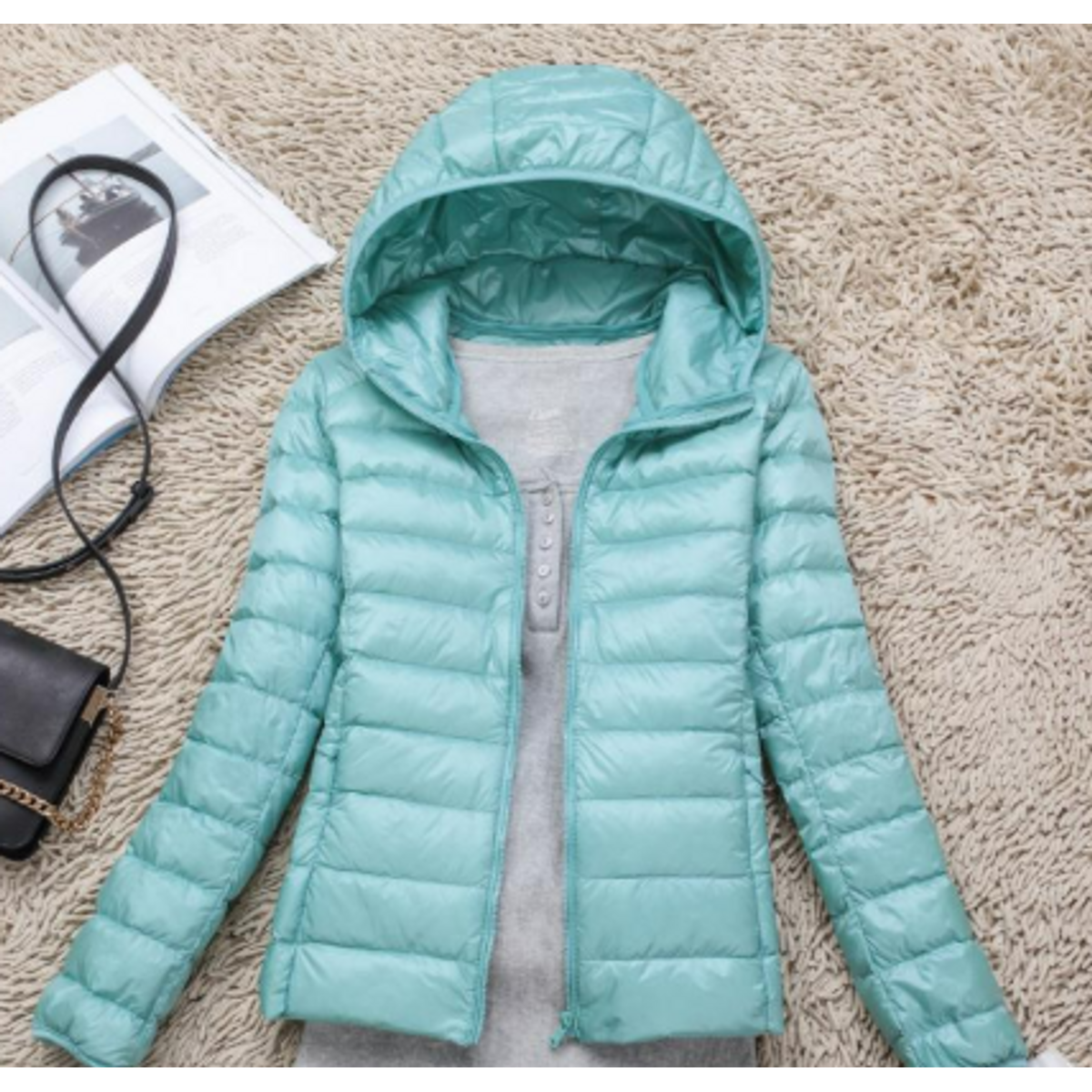 Ultra-Light Down Jacket Women Taupe Foldable Hooded Winter Coat 9
