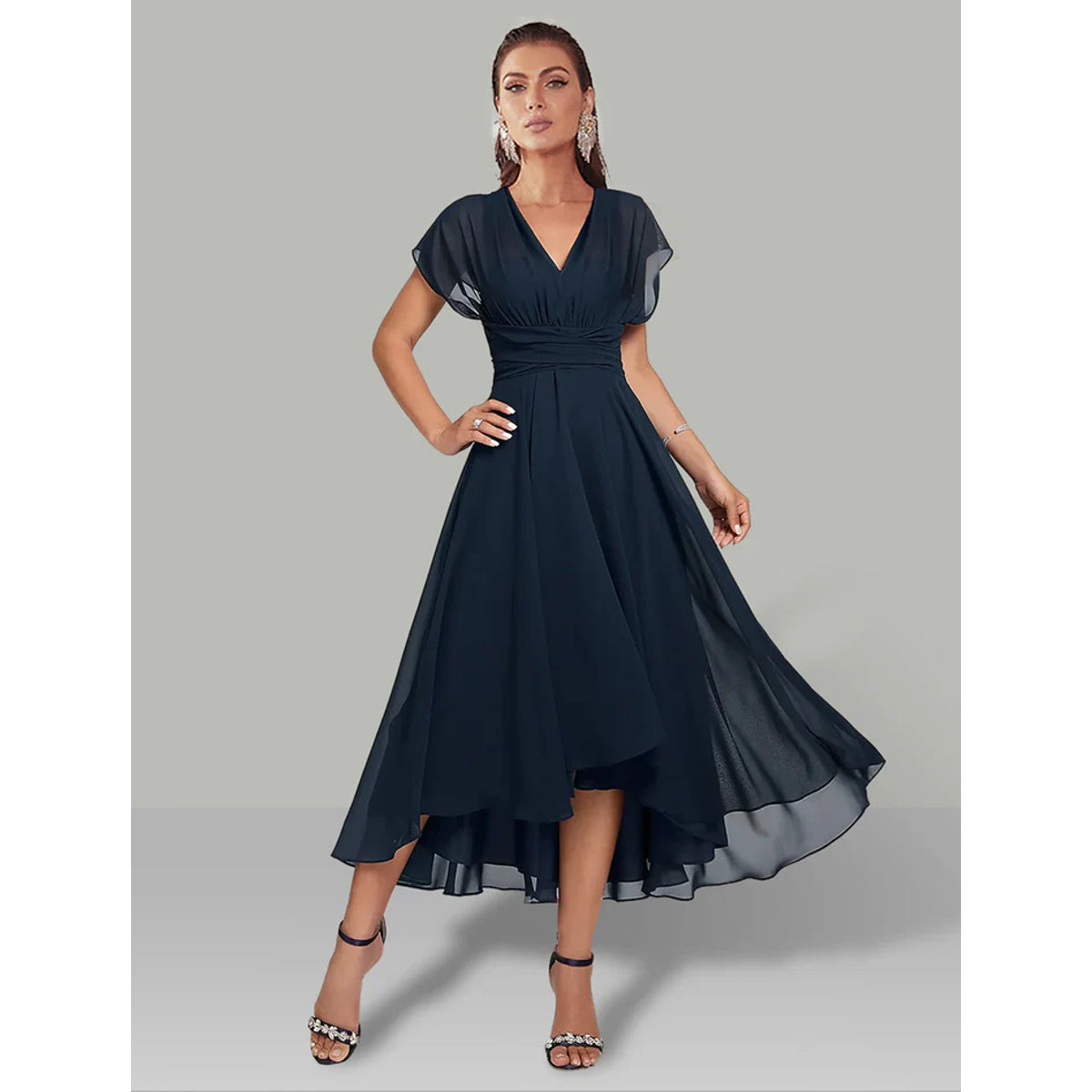V-Neck Flared Midi Dress Women Elegant Formal Style