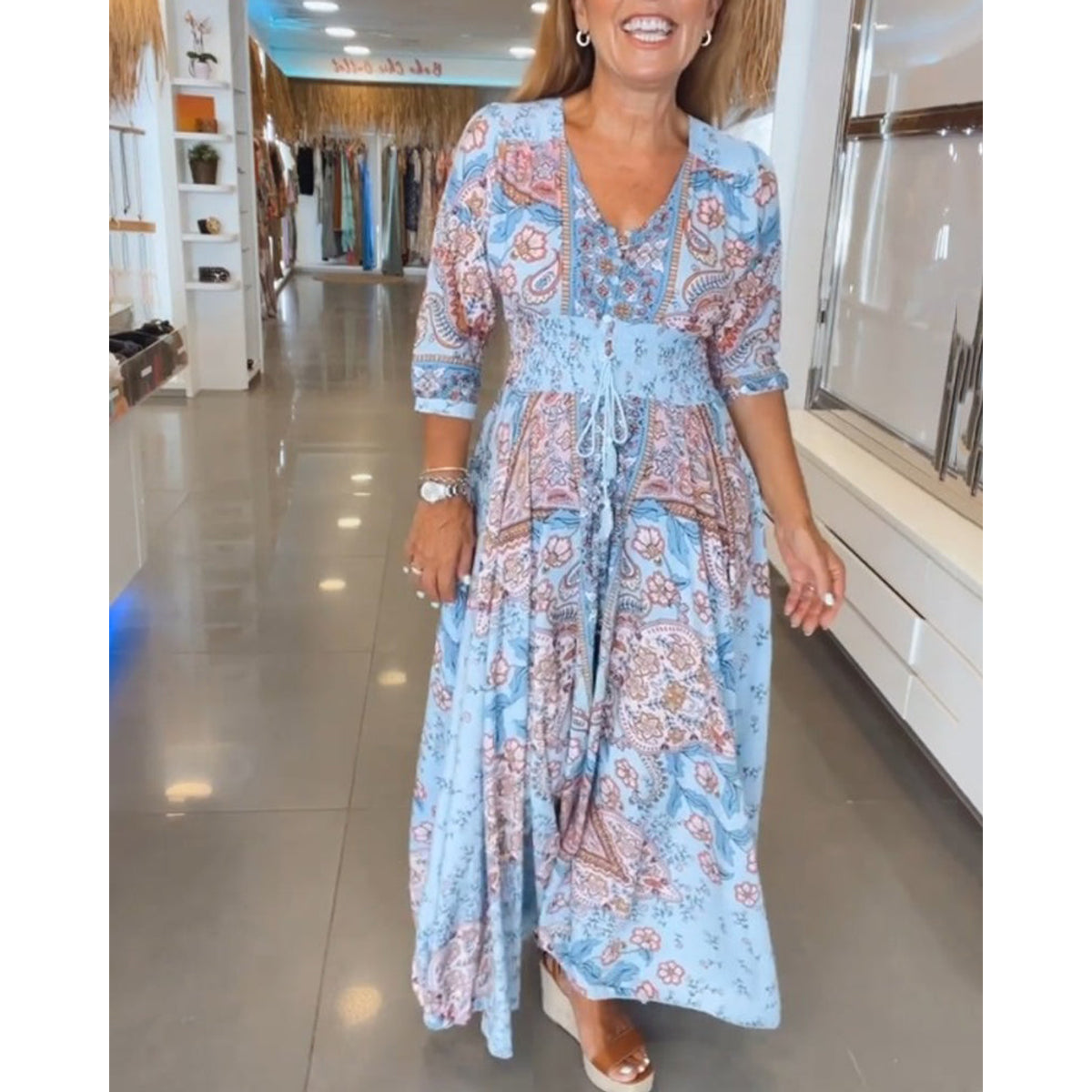 V-Neck Maxi Dress with Sleeves Casual Vacation Style for Women 1