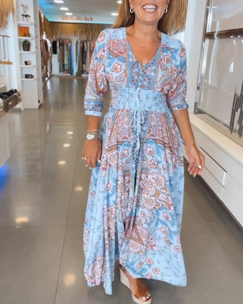 V-Neck Maxi Dress with Sleeves Casual Vacation Style for Women 1