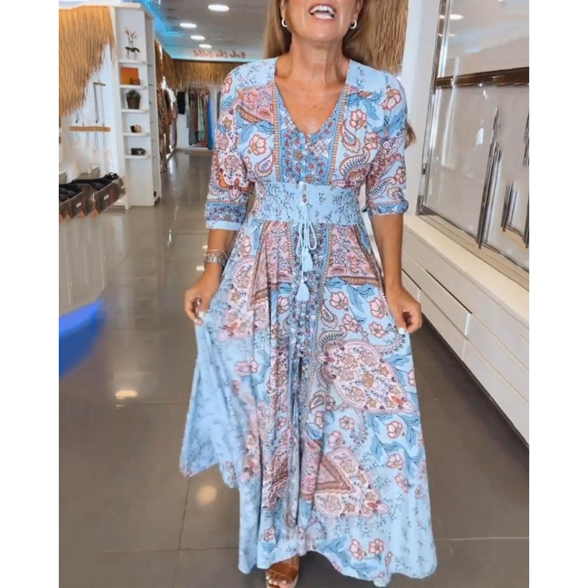 V-Neck Maxi Dress with Sleeves Casual Vacation Style for Women 6