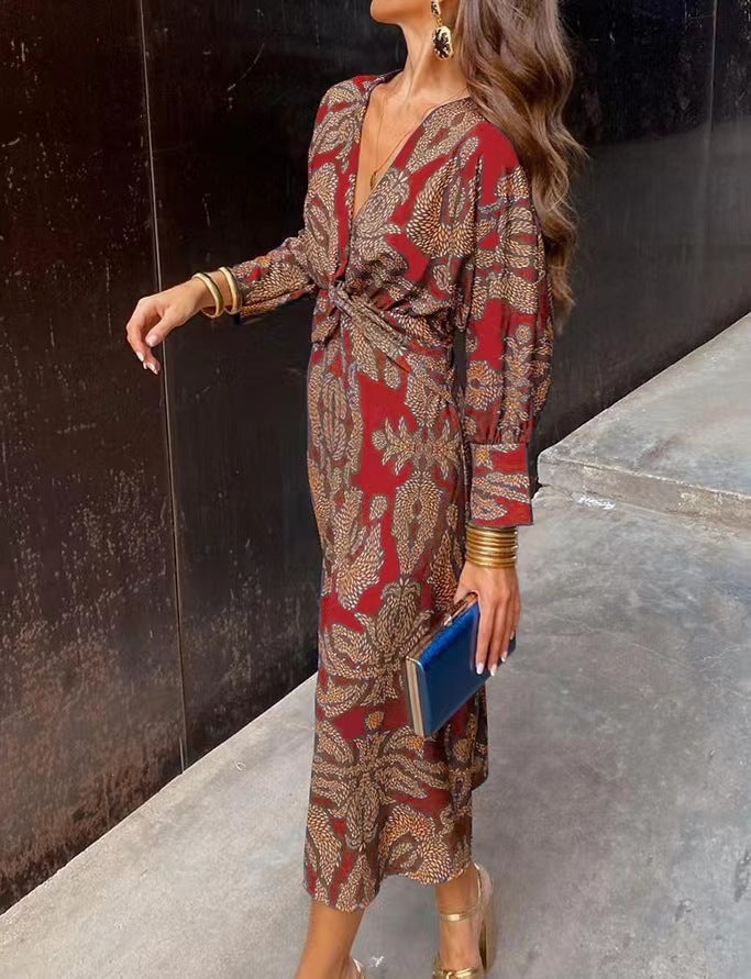 V-Neck Midi Dress Long Sleeve Paisley Print Cocktail Dress for Women 10