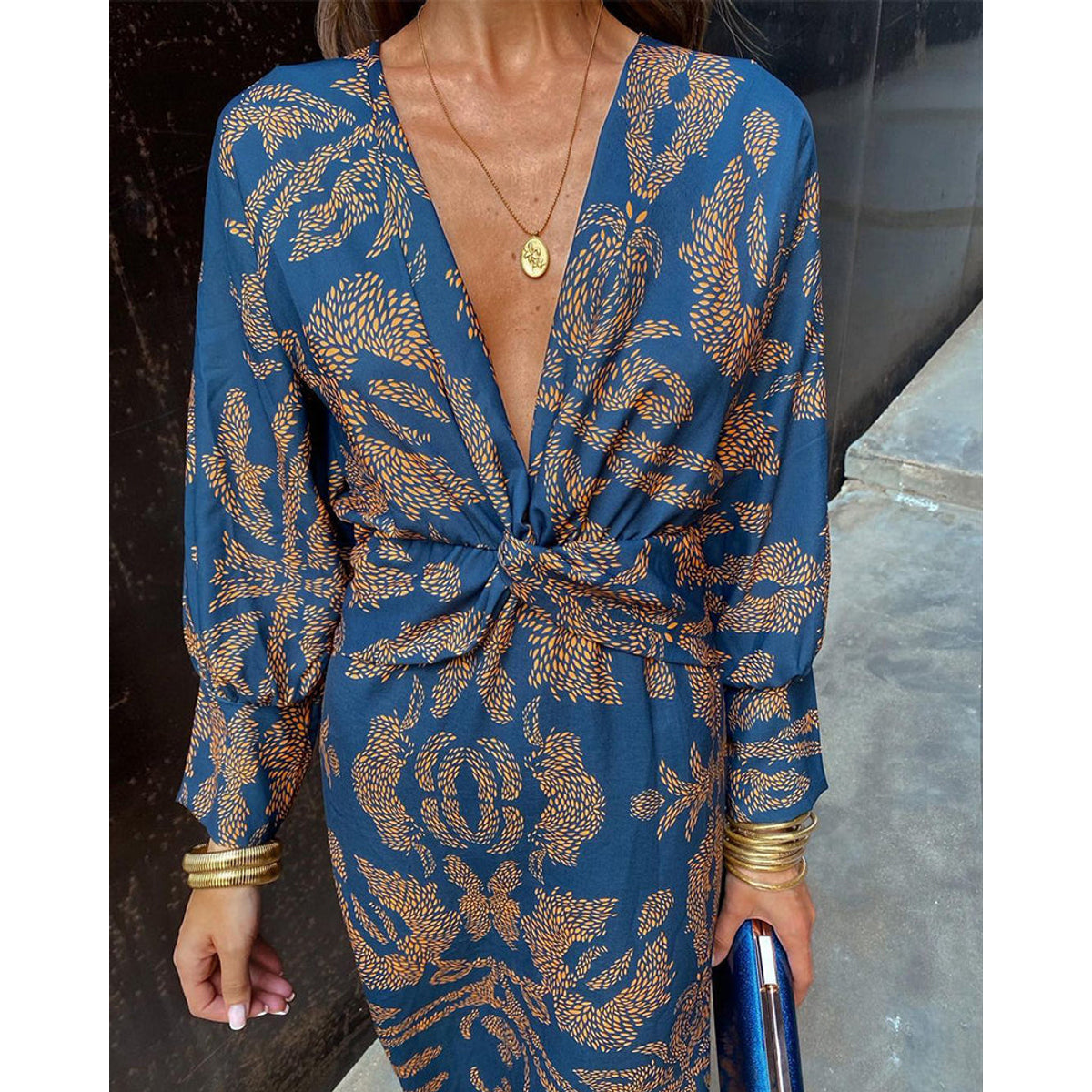 V-Neck Midi Dress Long Sleeve Paisley Print Cocktail Dress for Women 3